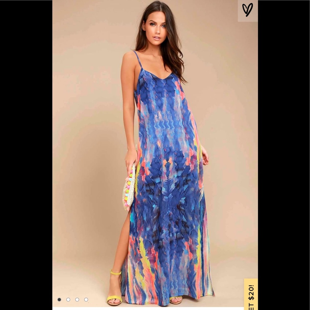 LuLus Flying Watercolors Royal Blue Maxi Dress